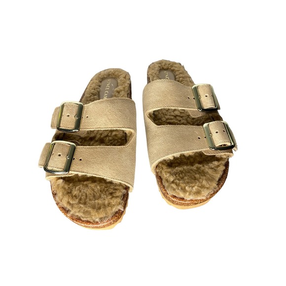 VINCE CAMUTO NWT Mannissa Suede & Faux Fur-Lined Flat Sandals Slide Open Toe 7.5 - Picture 1 of 6
